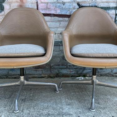 2 mid century modern Herman Miller leather tan lounge shell chairs fiberglass Eames 
