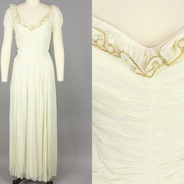 1940s Ivory & Gold Net Gown · Vintage 40s Dress with Ruched Bodice · Extra Small 