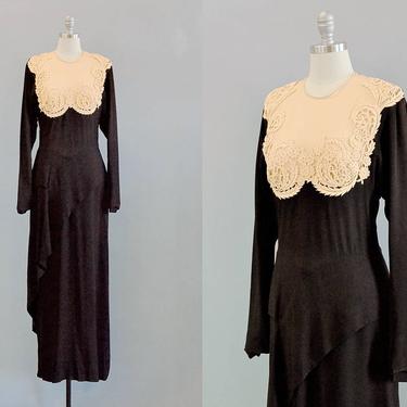 1940’s Peggy Hunt Black Silk Crepe & Nude Lace Dress // Size Medium 