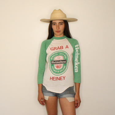 Heineken Grab a Heiney Beer Shirt // vintage 70s boho tee t-shirt t dress blouse white ringer beer jersey // XS/S 