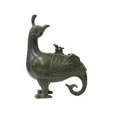 Chinese Green Black Ancient Peacock Bird Incense Holder Display Vessel ws148E 