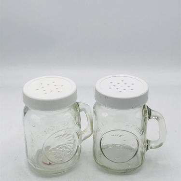 Vintage Pair of Mason Jar Look Salt &amp; Pepper Shakers Embossed Golden Harvest and Cornucopia Design 