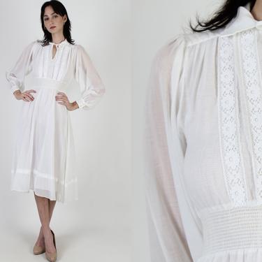 Vintage 70s White Prairie Dress Sheer Floral Lace Puff Sleeve Smocked Midi Mini Dress 