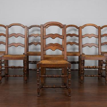 Antique Set of 8 Country French Farmhouse Beech Ladder Back Dining Chairs 
