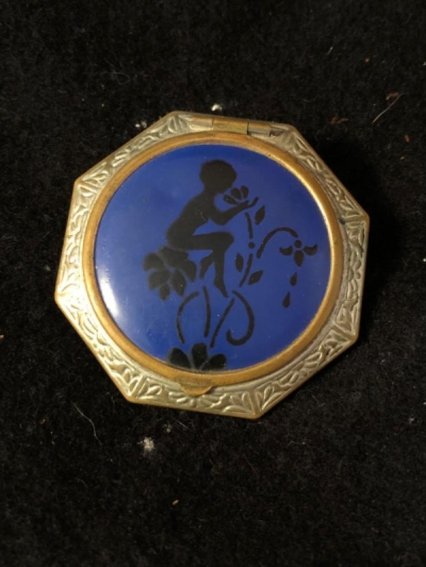 Annette Art Deco Blue Enamel Compact with Black Fairy Silhouette Circa 1920sComplete from ...