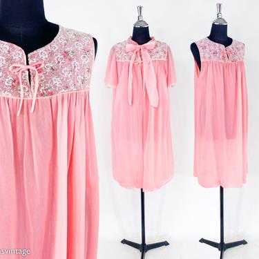 1960s Pink Peignoir Set | 60s Pink Nylon Robe & Nightgown 