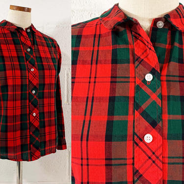 Vintage Coscob Plaid Cuffed Blouse Collared Lightweight Red Green Shirt Button Front Long Sleeve Top Collar 1970s 1960s 70s 60s Medium Large 
