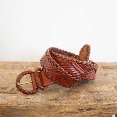 VINTAGE BRAIDED LEATHER BELT - BROWN WITH BRAIDED BUCKLE - XS