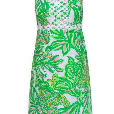 Lilly Pulitzer - Green &amp; White Floral Print Cotton Sheath Dress Sz 12