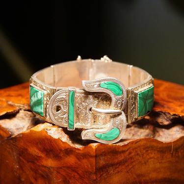 Antique Victorian Silver Malachite Inlay Buckle Bracelet, Scottish, Ornate Etched Designs, Gemstone Belt Buckle Link Bracelet, 7 1/8&amp;quot; L 