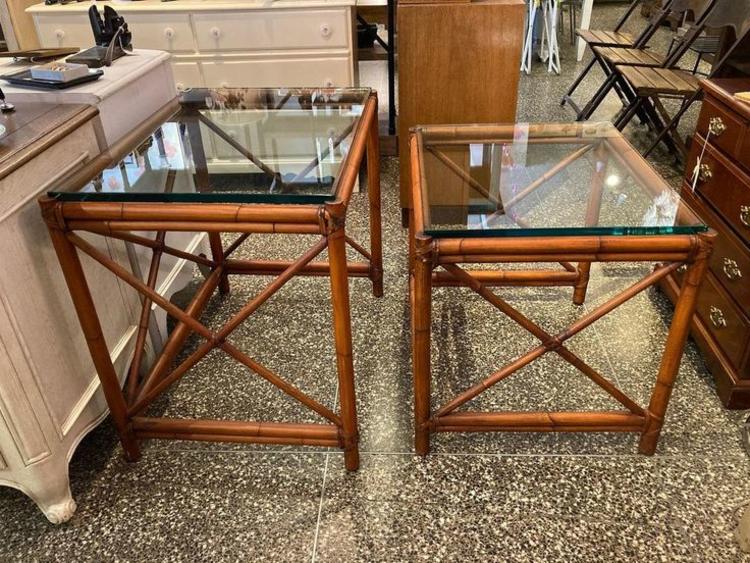 Rattan and glass side tables. Sold separately. Smaller 25” x 21” x 23” Larger 30” x 21” x 26” glass on both is 1/2 thick