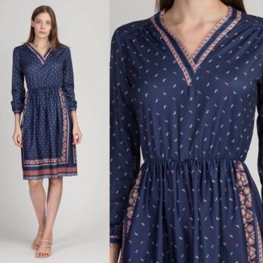 70s Blue Floral Long Sleeve Midi Dress - Small | Vintage Lady Carol Petites Fitted Elastic Waist Boho Dress 