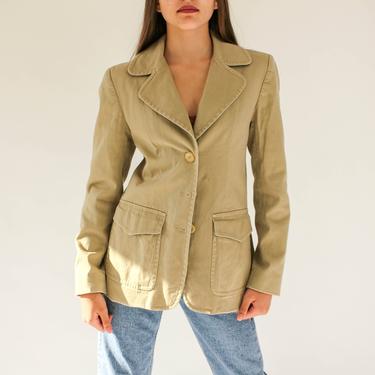 Vintage 90s DKNY Jeans Khaki Broad Shoulder Three Button Blazer Jacket | Cotton, Spandex Blend | 1990s Donna Karan Designer Boho Jacket 