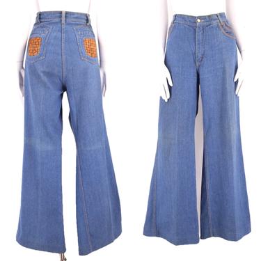 70s BRITTANIA high waisted denim bell bottoms jeans 36  / vintage 1970s leather trim flares pants  sz 15 XL 