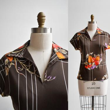 1970s Polyester Fruit Print Blouse 