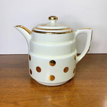 Vintage Hall China Ivory Dots Gold Label Terrace 8 Cup Coffee Pot Mid Century 