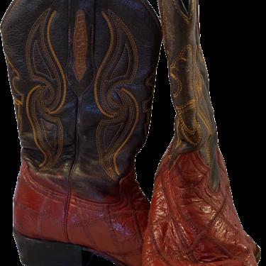 70s Show Stopping Red Ostrich/bwn Leather Cowboy Boots By Arango
