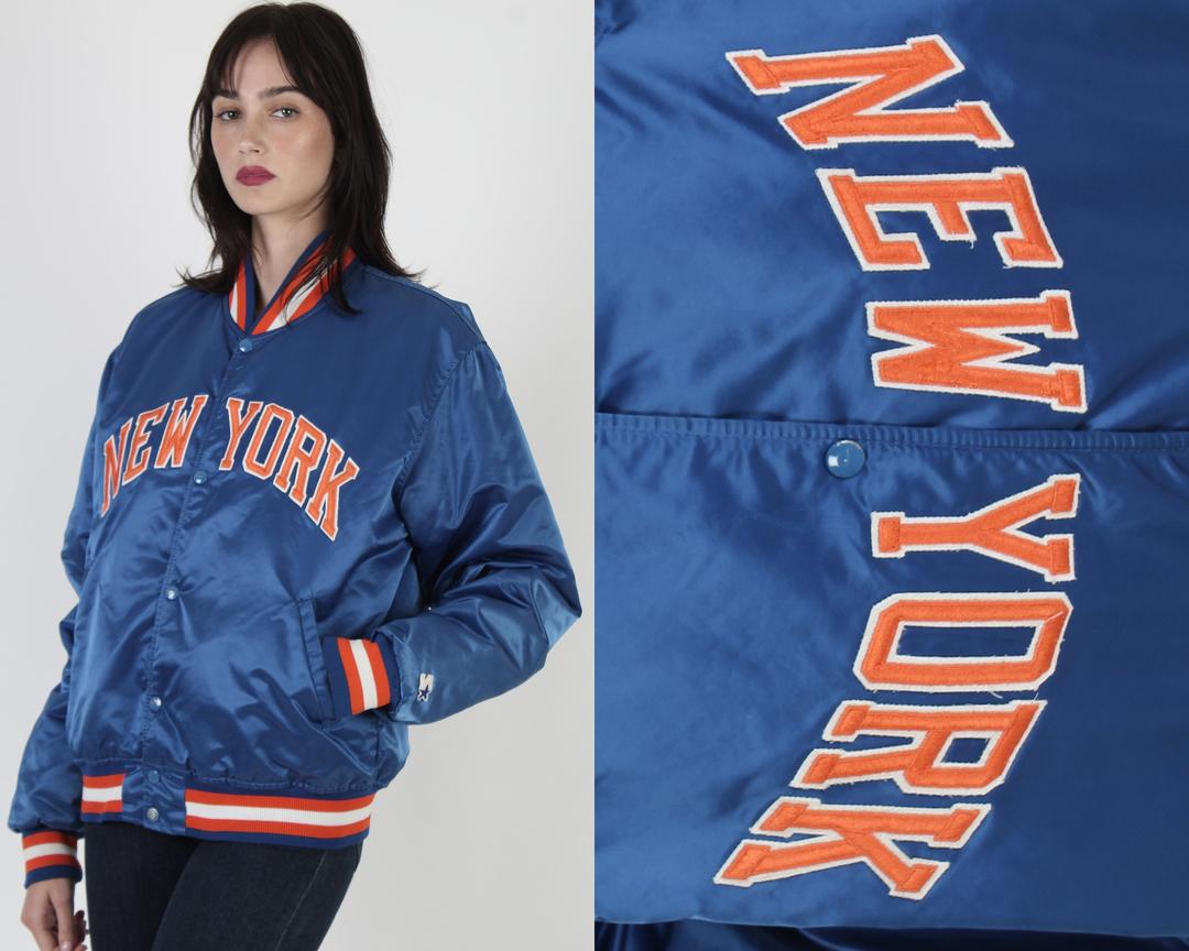 VTG 80s STARTER MLB New York Yankees Nylon Satin Bomber Jacket Navy Blue XL