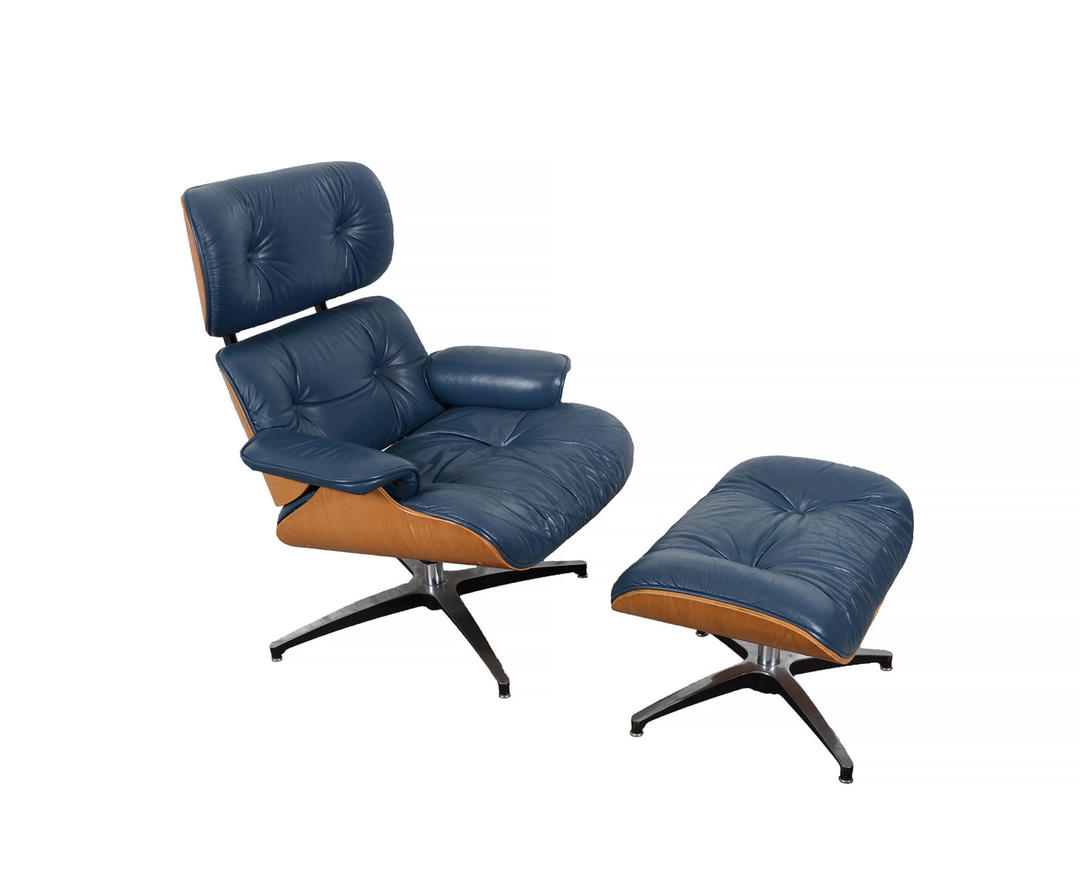 Eames Navy Blue Leather Lounge Chair And Ottoman Selig Mid Century