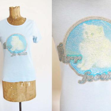 Vintage 70s Cat Shirt S M - 1970s Light Blue Sparkle White Kitty Cat Baby Doll T Short - Purr Fection Perfection Short - 70s Clothing 