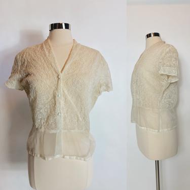 Vintage Sheer Floral Lace Embroidered Shirt 