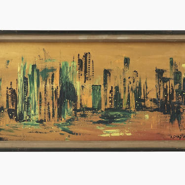 Mid Century Abstract Oil Painting on Canvas Abstracted Cityscape