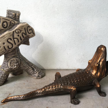 Old Alligator Florida Souvenir Ashtray, Silver Springs Cast Metal Copper Gator 