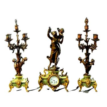 Antique Clock, Mantel, Three-Piece Patinated Spelter, Green Onyx Figural, 1900's