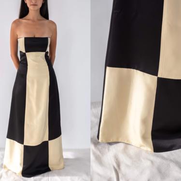 Vintage 90s Jessica McClintock Black &amp; Cream Satin Checkerboard Strapless Gown | Made in USA | 1990s Designer Formal, Party, Cocktail Dress 