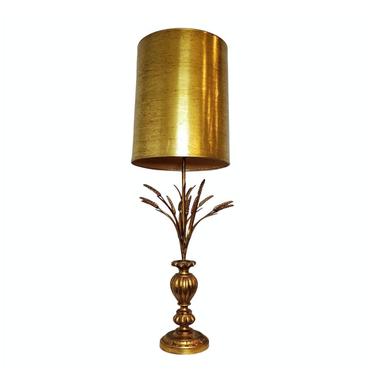 Large Mid Century Modern Hollywood Regency Gilt Tole Wheat Sheaf Table Lamp 