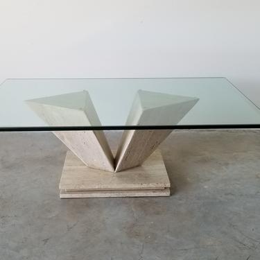 Italian Postmodern Travertine Marble Coffee Table With Glass Top 