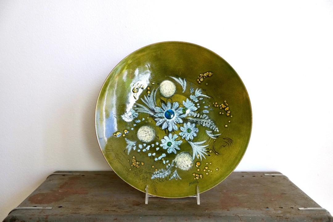 Mid Century 60's Sascha Brastoff Vintage Floral Copper Enamel Plate Kidney  Dish