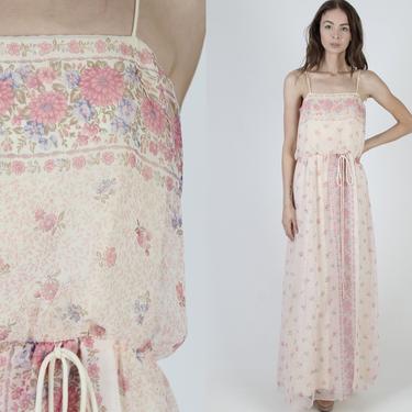 Pink Pastel Chiffon Dress / Vintage 70s Bouquet Floral Dress / Thin Spaghetti Shoulder Straps / Flower Sheer Lined Summer Midi Maxi Dress 