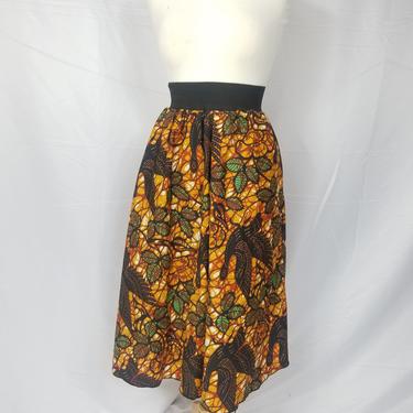 Ankara silk tea-length skirt with invisible pockets (Brown/Green/Black) 