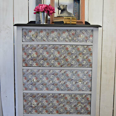 Dresser Painted Gray with Floral Decoupage | Chest of Drawers | Gray Dresser | Secretary Desk | Secretary Dresser | Bureau 
