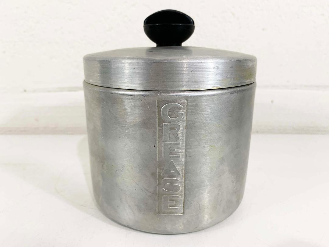 Vintage Aluminum Grease Canister with Strainer Metal Jar Retro Kitchen