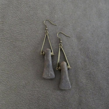 Primitive earrings, gray clay earrings, ethnic dangle earrings. bold statement earrings, artisan rustic earrings, bohemian earrings 