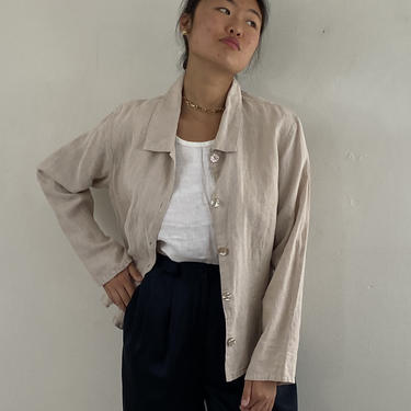 90s woven hemp shirt / vintage beige oatmeal hemp linen relaxed peplum over shirt jacket blouse resort wear | L 