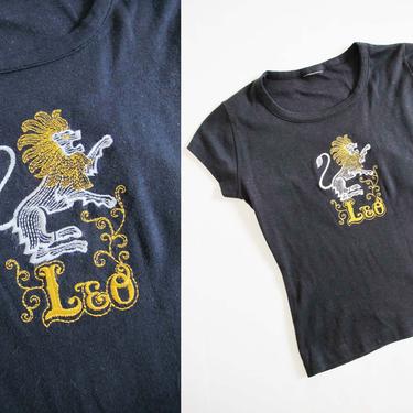 Vintage 70s Leo Zodiac T Shirt XS S - Embroidered Leo Lion Astrology Shirt - 1970s Womens Babydoll Shirt  - Fitted Vintage 70s T Shirt 