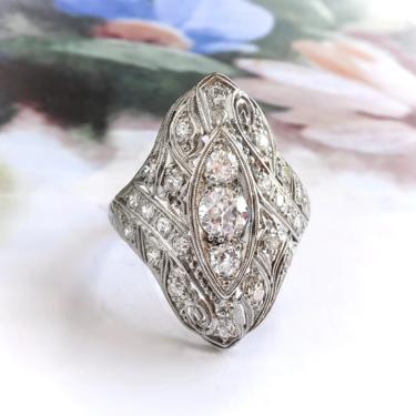 Art Deco 1.09ct.tw. Diamond Filigree Navette Ring Platinum 