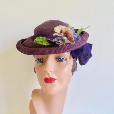 1940s Hat -Dramatic Vintage 40s Brimmed Straw Tilt | Fab  display picture 3