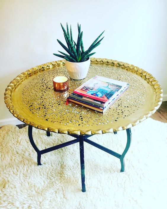 Vintage Mid Century Round Brass Coffee Table With Folding Spider Style Wood Legs Scalloped Brass Tray By Portlandrevibe From Portland Revibe Of Portand Or Attic