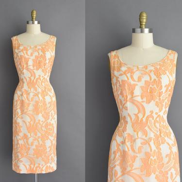1950s vintage dress | Mr. Charles Creamsicle Floral Print Cocktail Party Wiggle Dress | Medium | 50s dress 