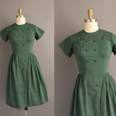 1950s vintage dress | Classic Forest Green Cotton Short Sleeve Summer Day Dress | Small | 50s dress 