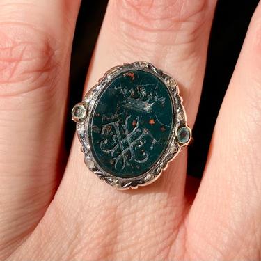 Antique Victorian Bloodstone &amp; Diamond Royal Cypher Signet Ring 14K Silver Top 