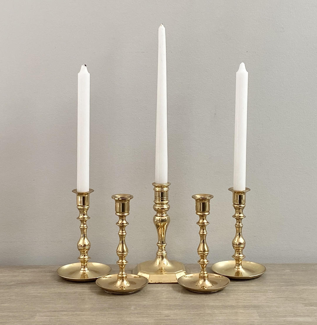 Brass Candlestick Set of Five Lacquered Gold Candle Holders Mantel