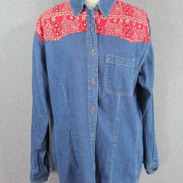 1980s-90s Denim Western Shirt with Red Bandana Yoke- Cowgirl Button Down- Size Large 