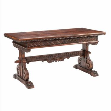 Antique Portuguese Renaissance Revival Carved Trestle Table, 19th Century 