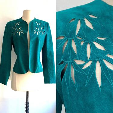Vintage 70's 80s CROPPED Jacket / Floral CUTOUT Detail / Teal ULTRASUEDE 