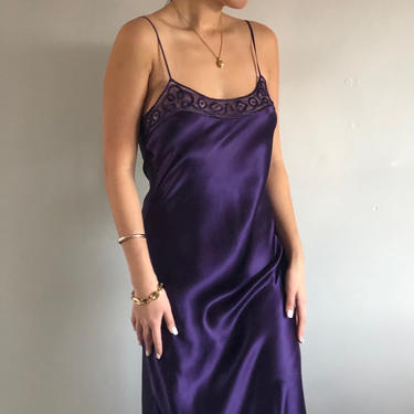 80s silk charmeuse long slip dress / vintage eggplant silk satin ankle length VS Gold Label maxi lounge slip dress Deadstock  | S 